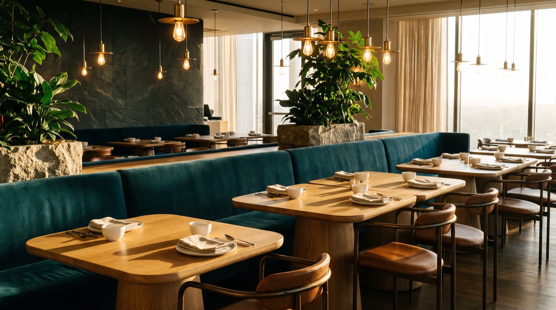 Hotel breakfast room in morning light with teal banquettes