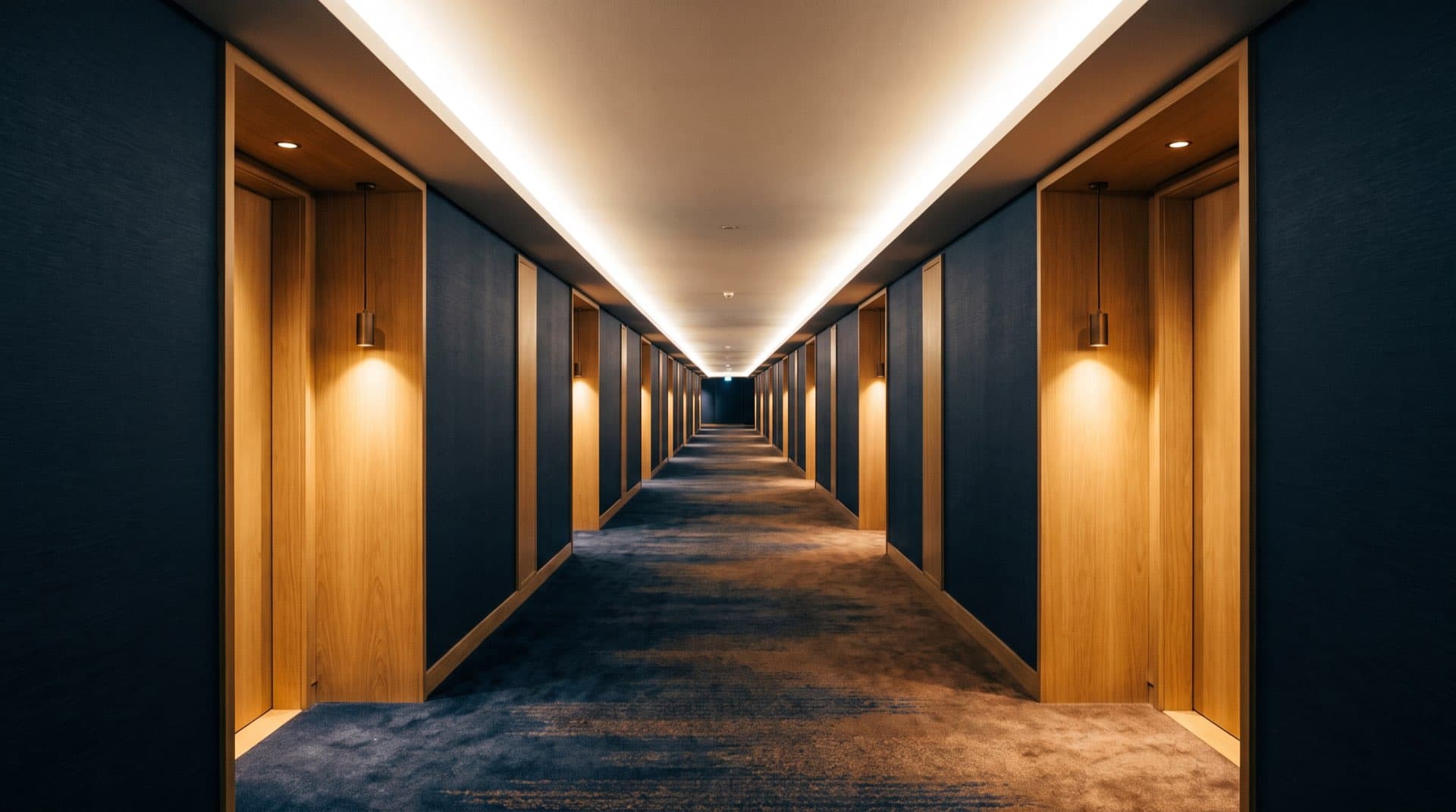 Modern hotel corridor with oak door portals and cove lighting