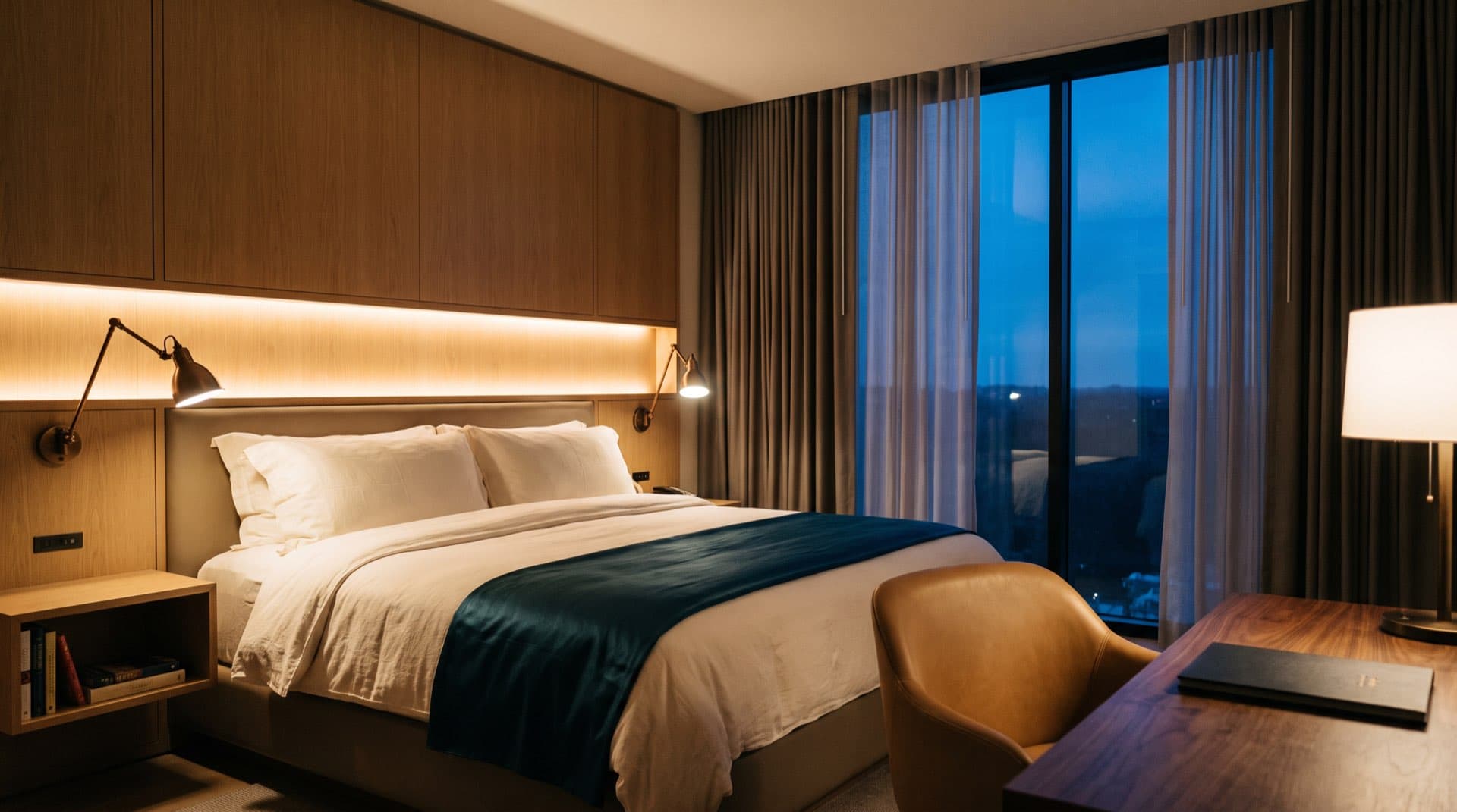Hotel king guest room at dusk, turndown complete
