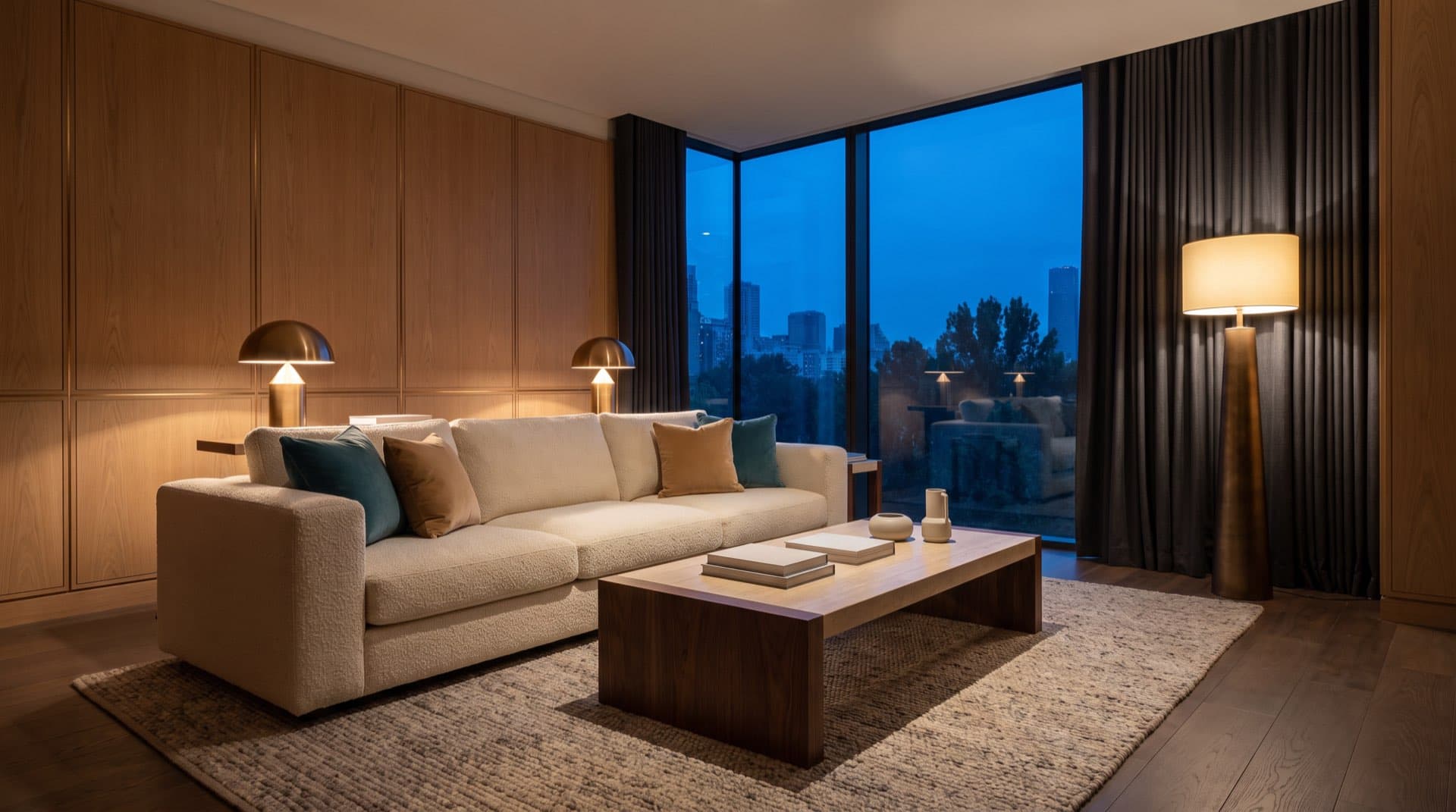 Hotel suite living room at evening with a dusk city view