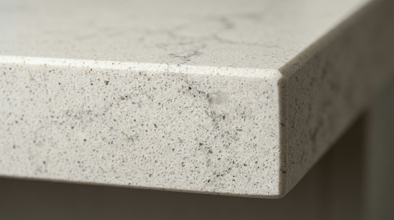Engineered quartz slab edge, close up