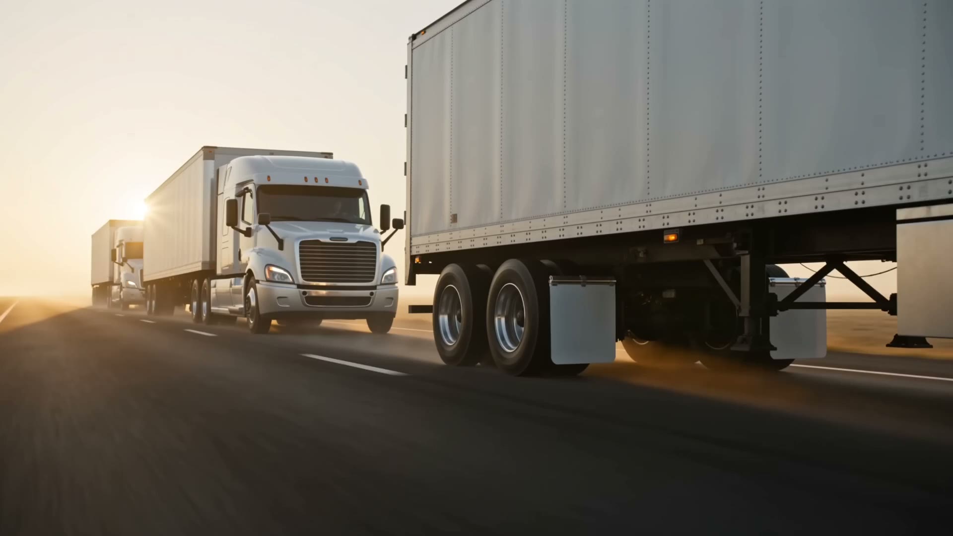 Freight trucks travelling in convoy at dawn